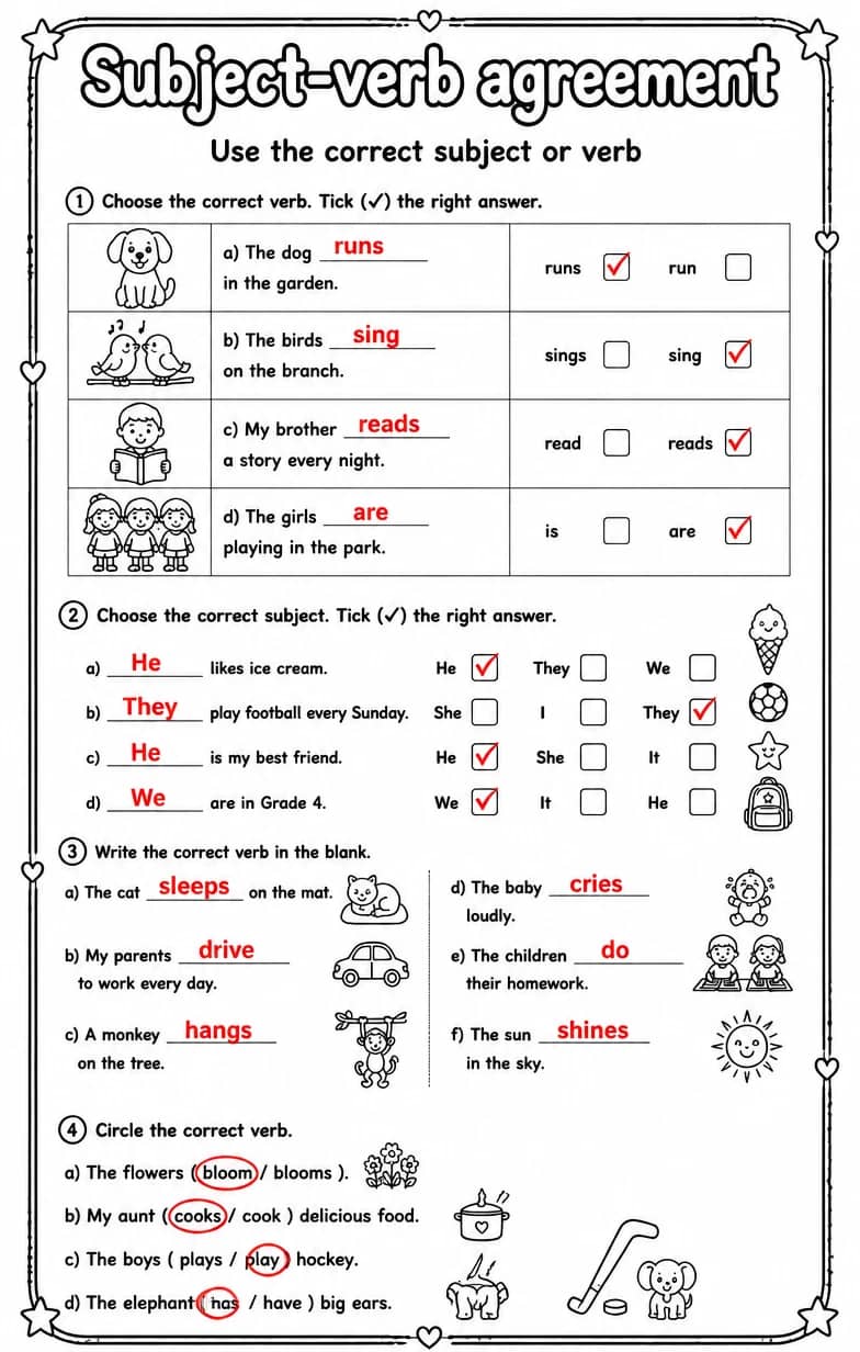 Answer key for Use the correct subject or verb — free printable English & Reading worksheet