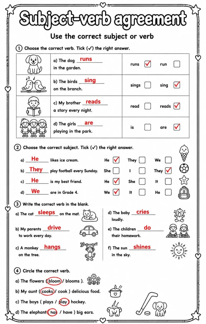 Answer key for Use the correct subject or verb — free printable English & Reading worksheet