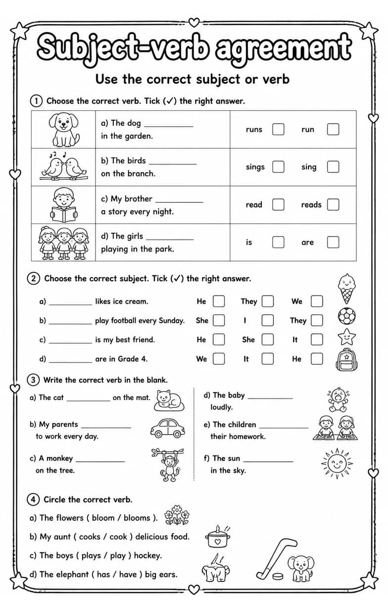 Use the correct subject or verb — free printable Grammar and mechanics English worksheet