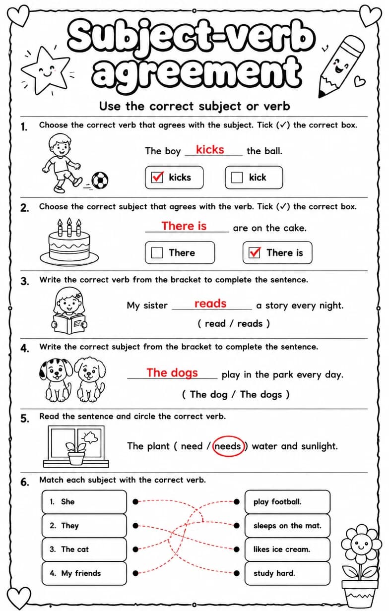 Answer key for Use the correct subject or verb — free printable English & Reading worksheet