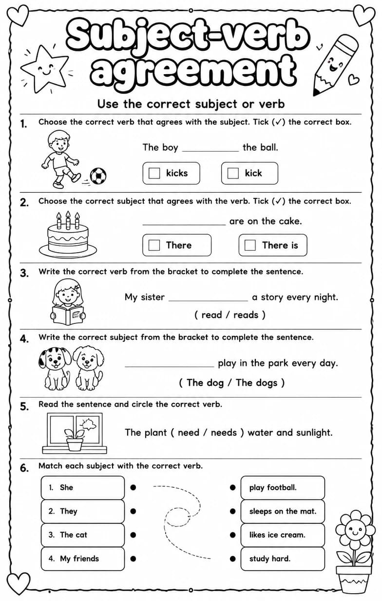 Use the correct subject or verb — free printable Grade 5 English & Reading worksheet