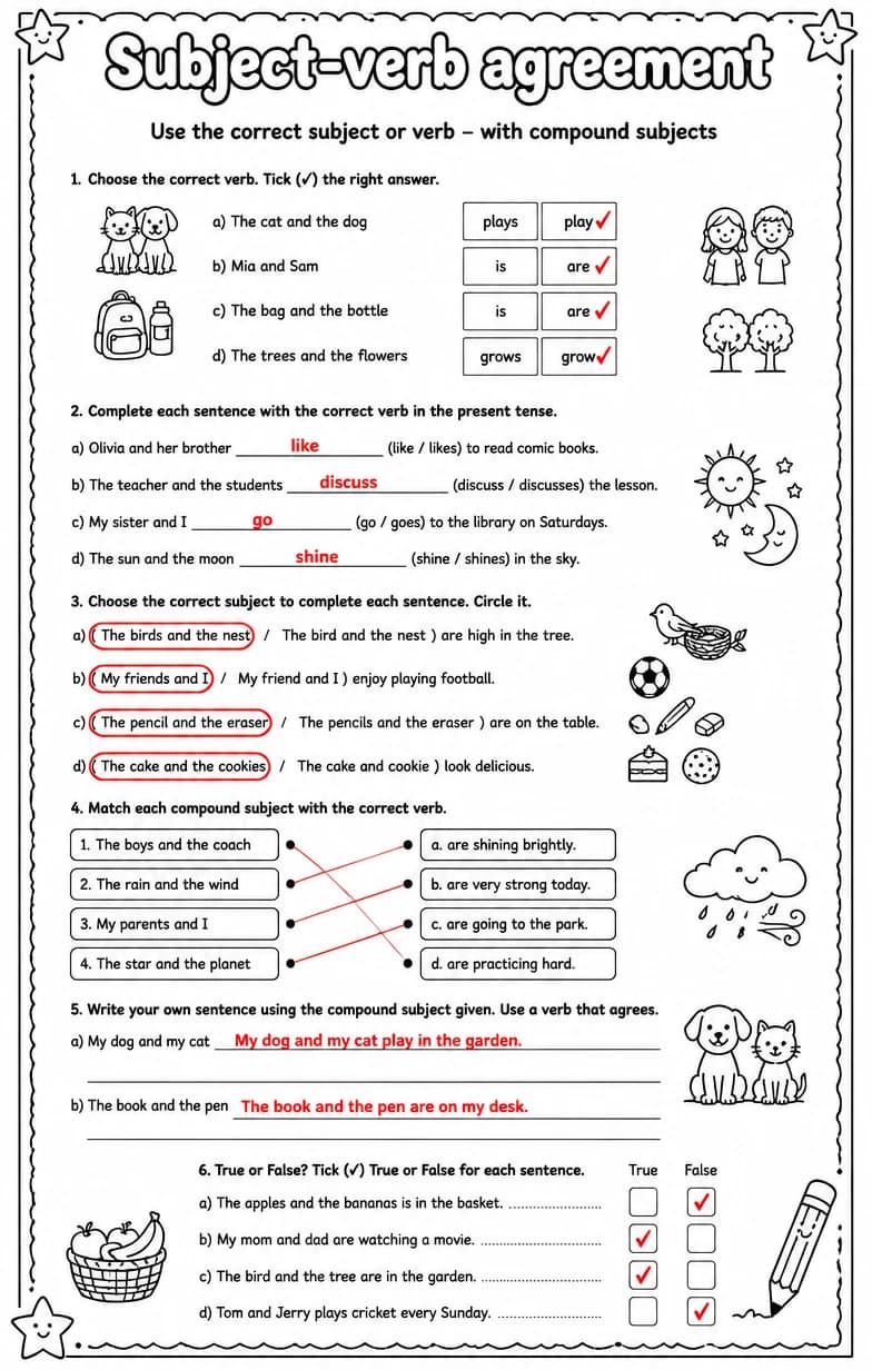 Answer key for Use the correct subject or verb – with compound subjects — free printable English & Reading worksheet