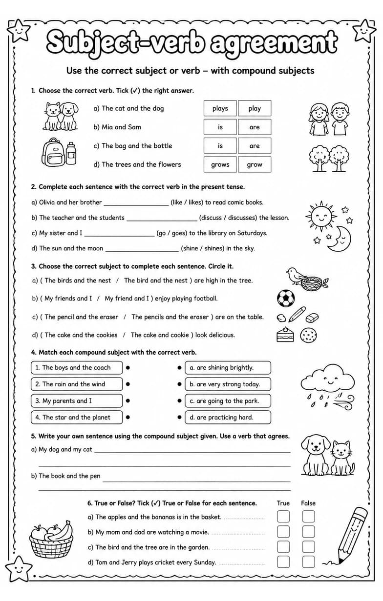 Use the correct subject or verb – with compound subjects — free printable Grammar and mechanics English worksheet