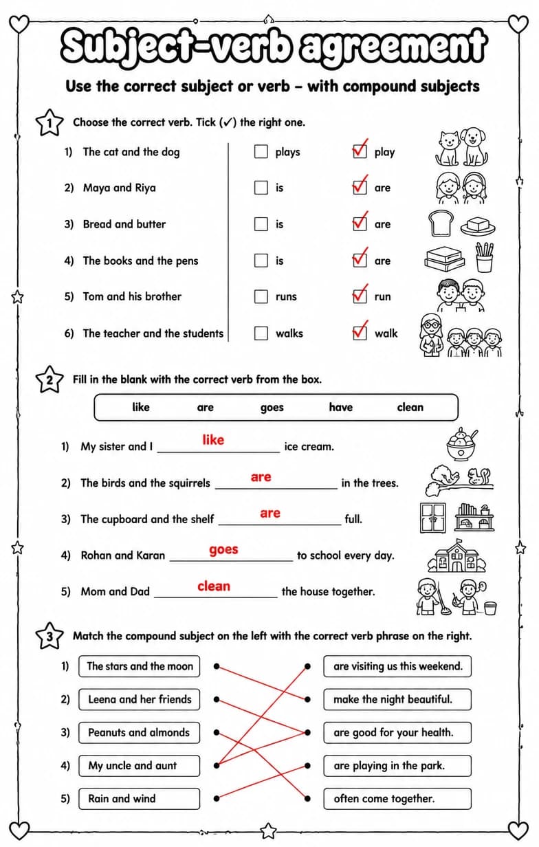 Answer key for Use the correct subject or verb – with compound subjects — free printable English & Reading worksheet