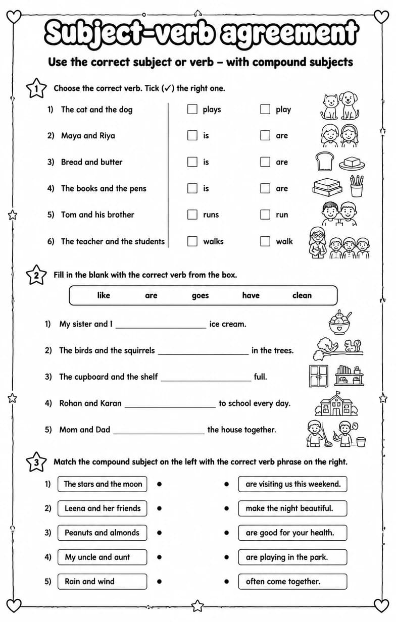 Use the correct subject or verb – with compound subjects — free printable Grade 5 English & Reading worksheet
