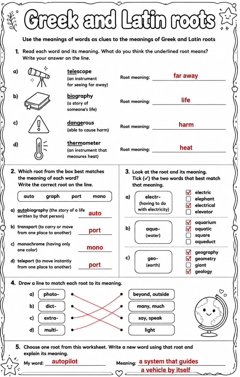 Answer key for Use the meanings of words as clues to the meanings of Greek and Latin roots — free printable English & Reading worksheet