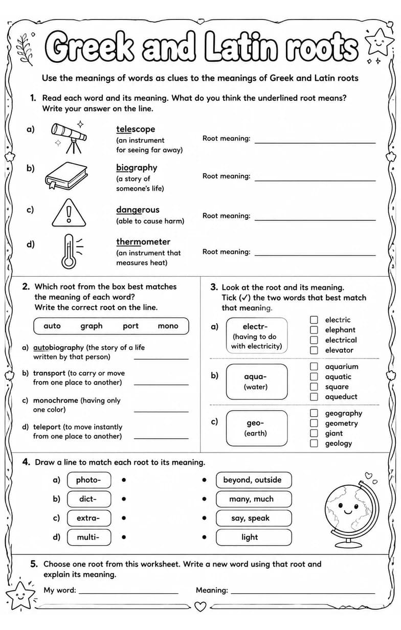 Use the meanings of words as clues to the meanings of Greek and Latin roots — free printable Grade 4 English & Reading worksheet