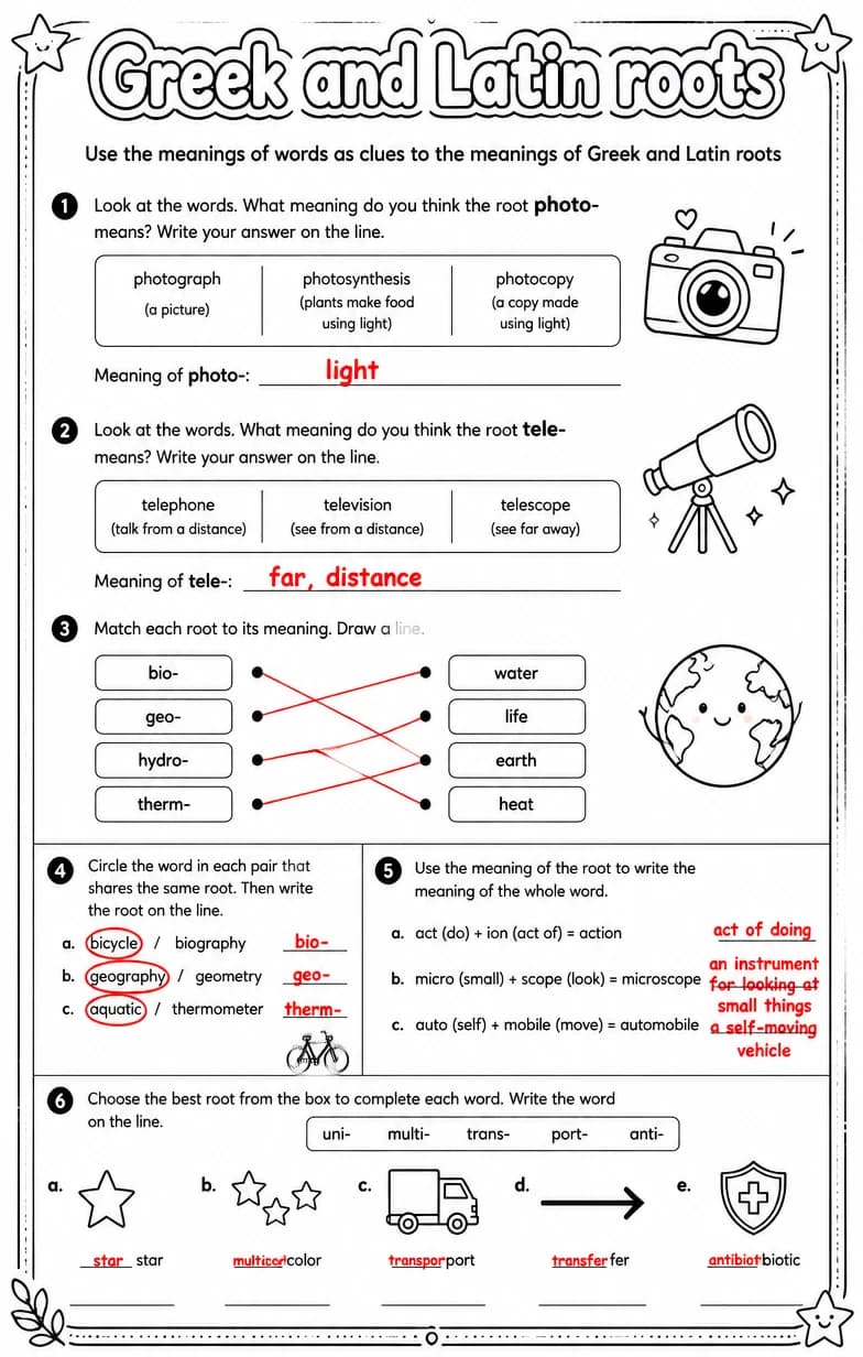 Answer key for Use the meanings of words as clues to the meanings of Greek and Latin roots — free printable English & Reading worksheet