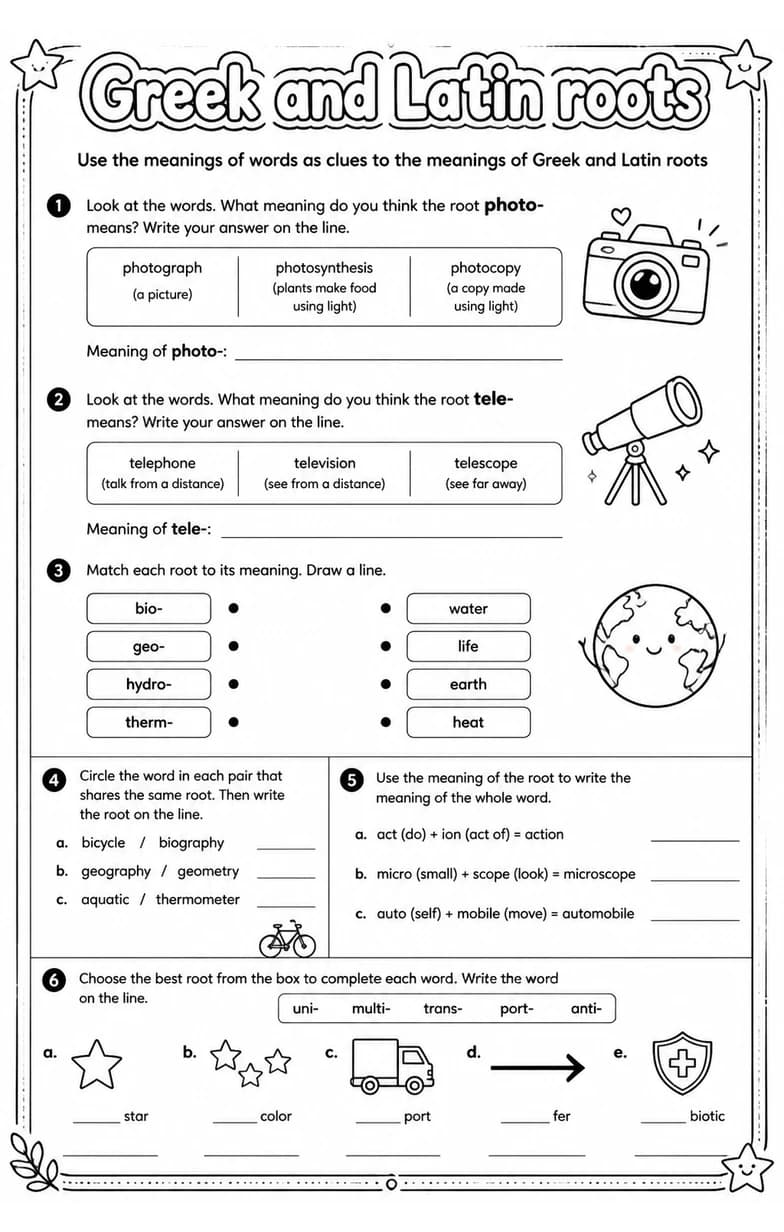 Use the meanings of words as clues to the meanings of Greek and Latin roots — free printable Vocabulary English worksheet
