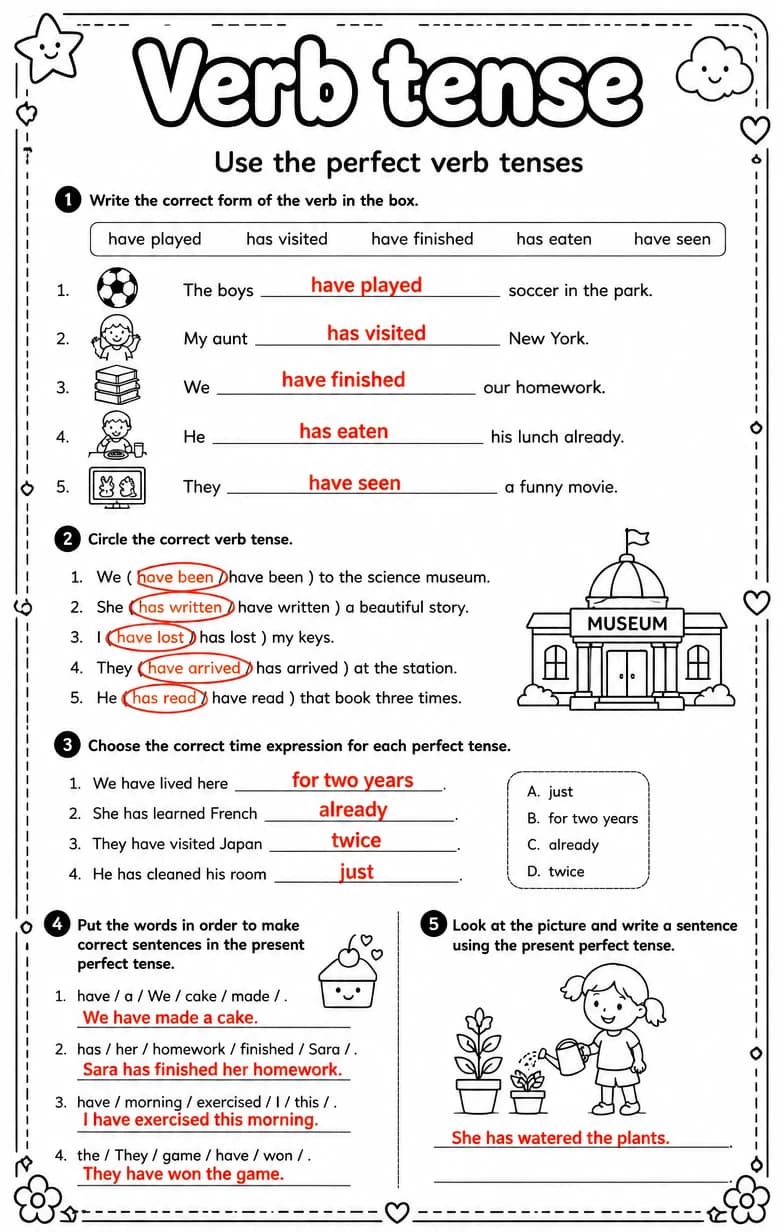Answer key for Use the perfect verb tenses — free printable English & Reading worksheet