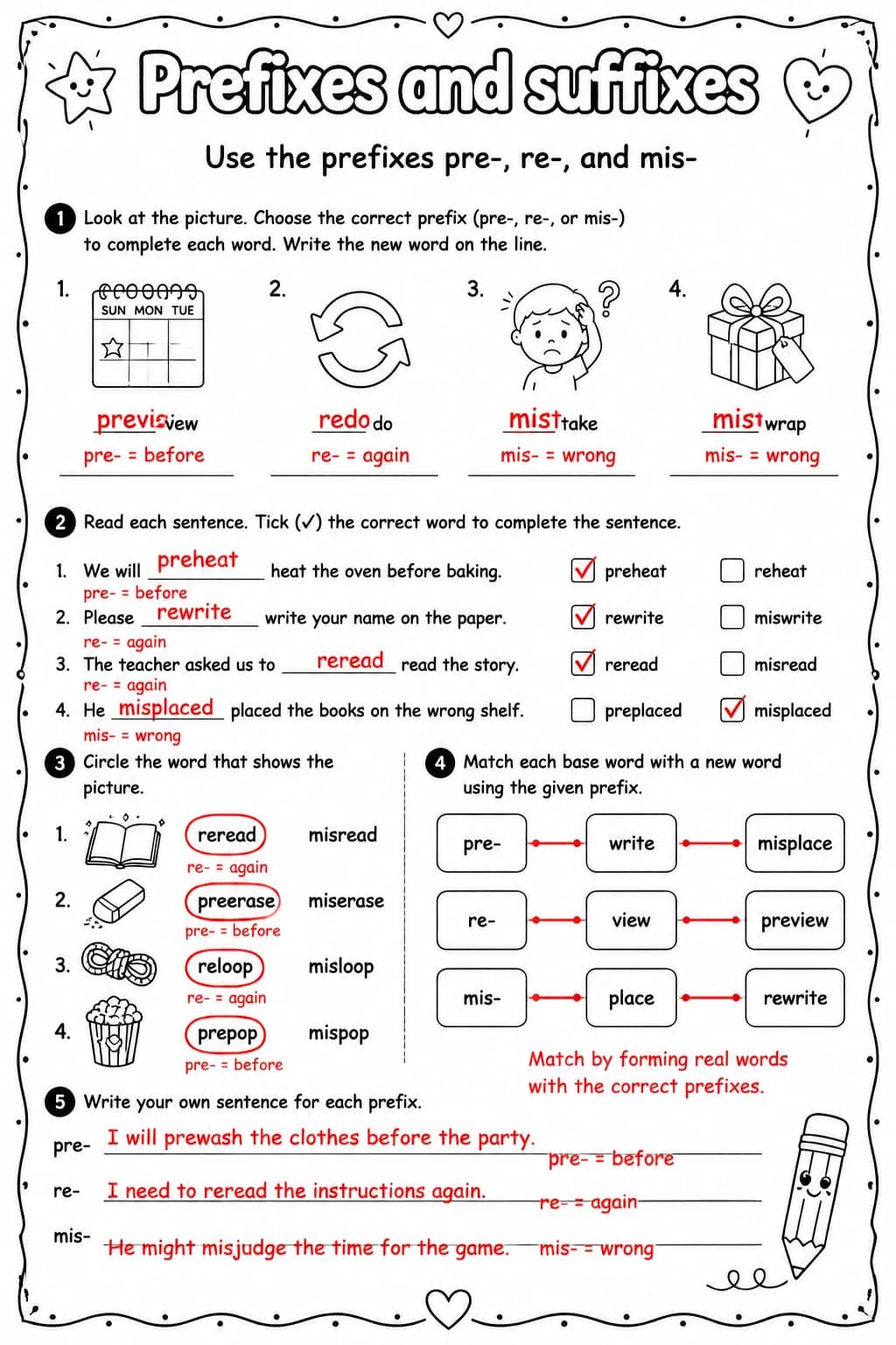 Answer key for Use the prefixes pre-, re-, and mis- — free printable English & Reading worksheet