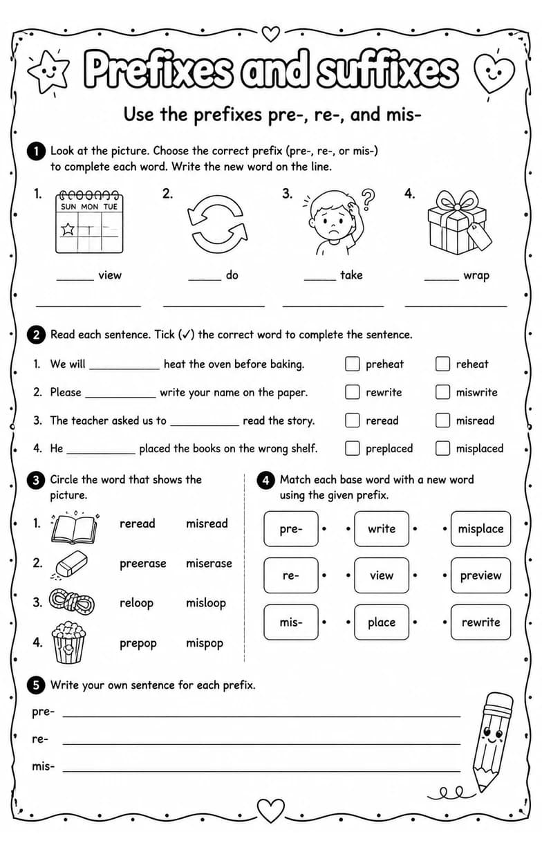 Use the prefixes pre-, re-, and mis- — free printable Grade 2 English & Reading worksheet