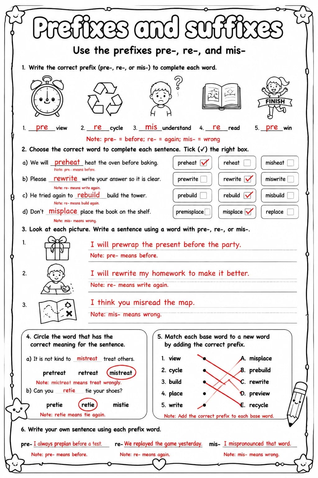 Answer key for Use the prefixes pre-, re-, and mis- — free printable English & Reading worksheet
