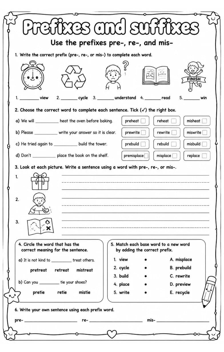 Use the prefixes pre-, re-, and mis-
