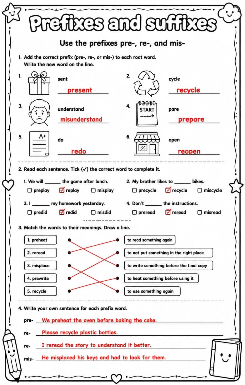 Answer key for Use the prefixes pre-, re-, and mis- — free printable English & Reading worksheet