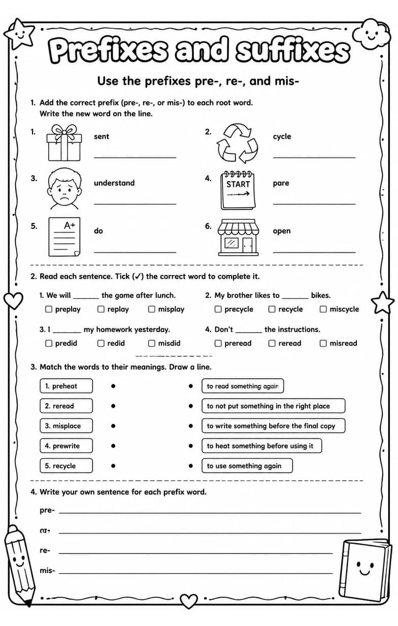 Use the prefixes pre-, re-, and mis- — free printable Vocabulary English worksheet