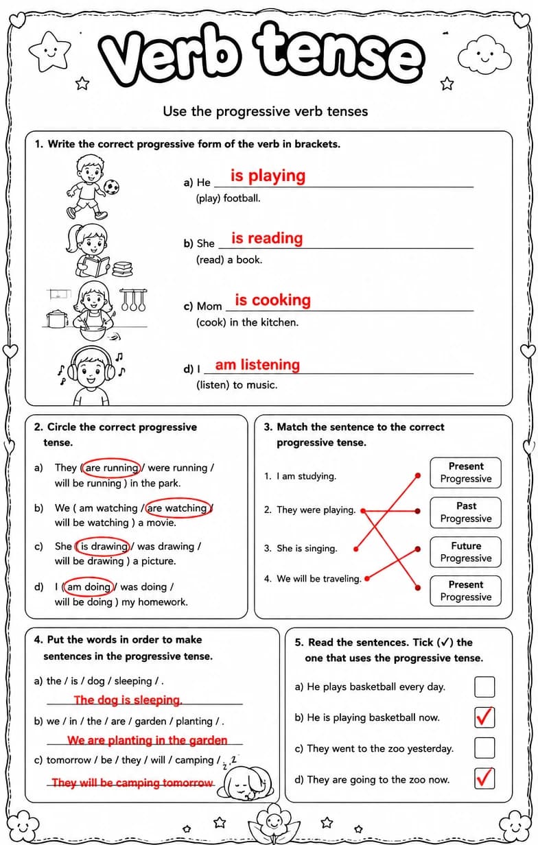 Answer key for Use the progressive verb tenses — free printable English & Reading worksheet