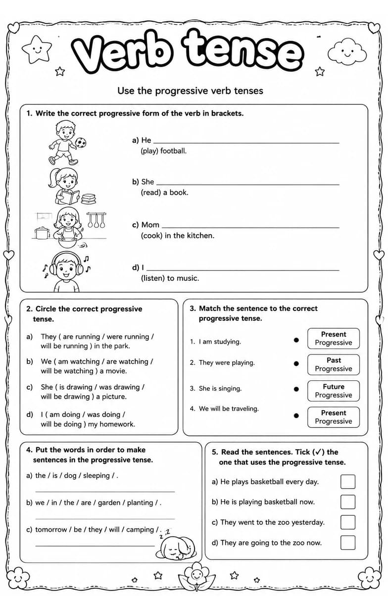 Use the progressive verb tenses — free printable Grade 4 English & Reading worksheet