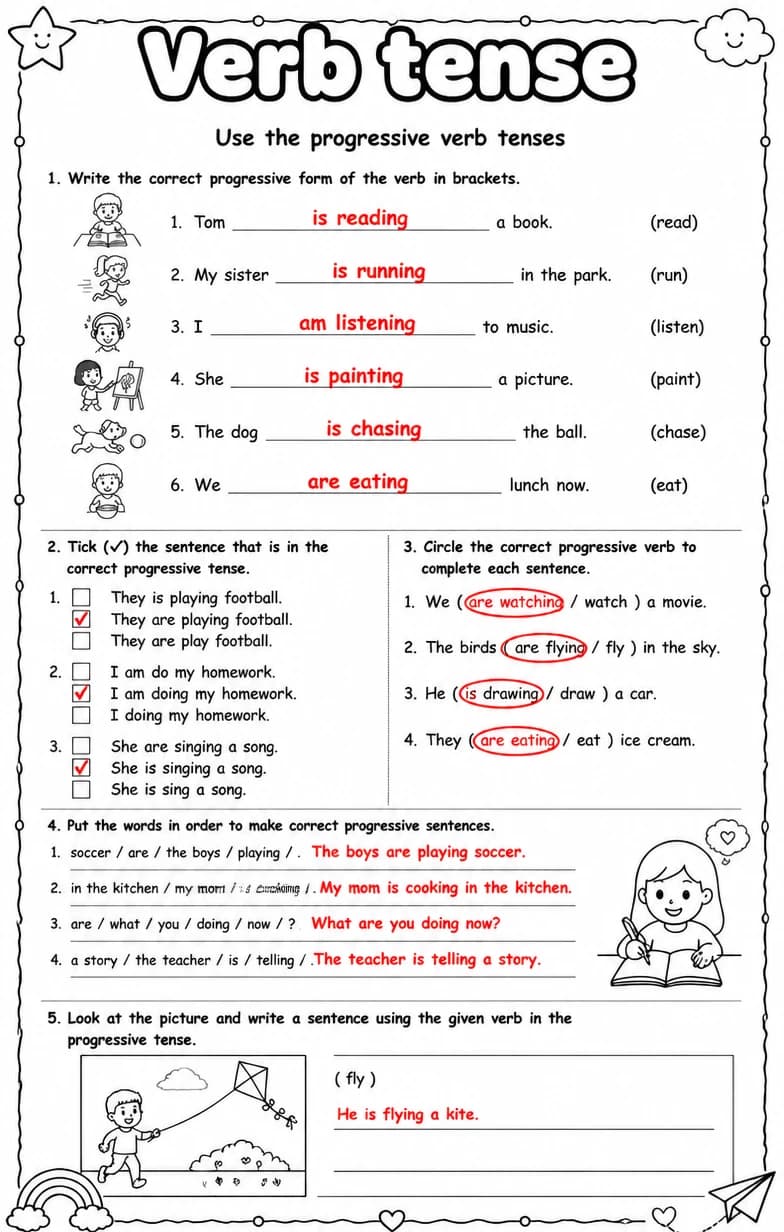 Answer key for Use the progressive verb tenses — free printable English & Reading worksheet