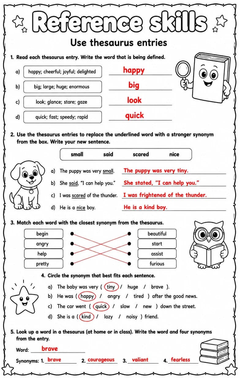 Answer key for Use thesaurus entries — free printable English & Reading worksheet