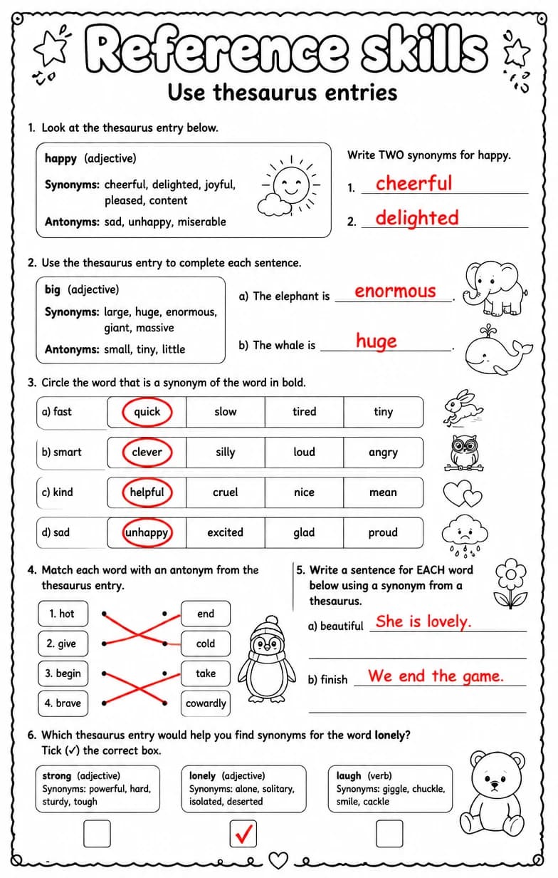 Answer key for Use thesaurus entries — free printable English & Reading worksheet
