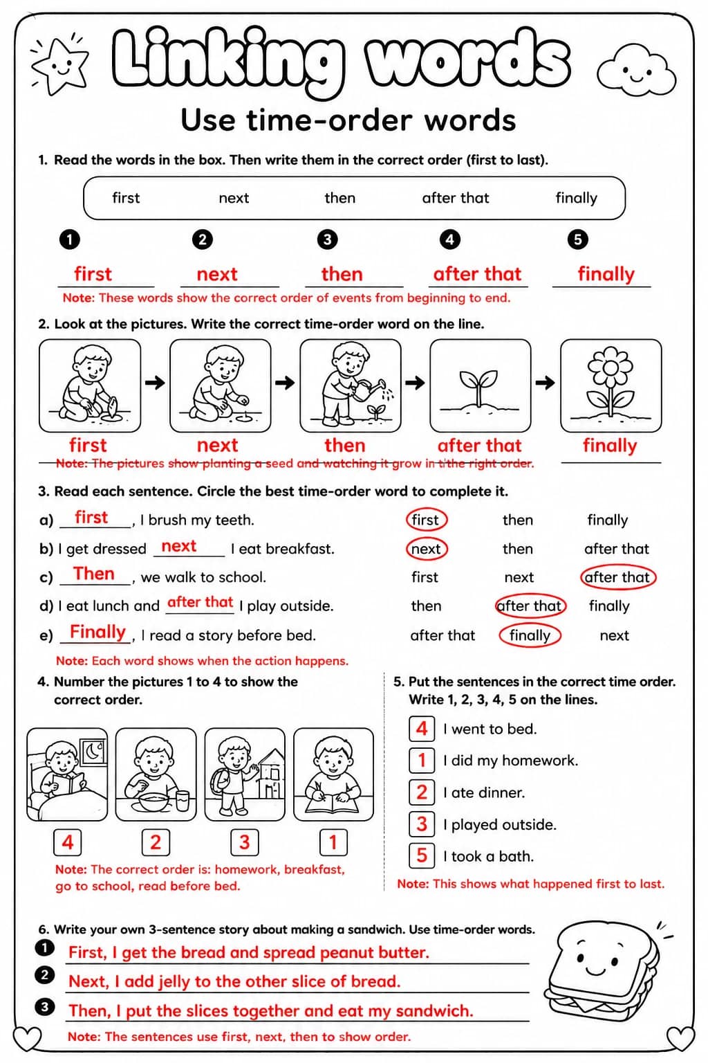 Answer key for Use time-order words — free printable English & Reading worksheet