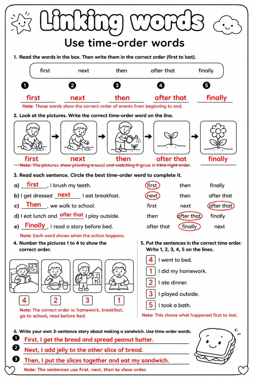 Answer key for Use time-order words — free printable English & Reading worksheet