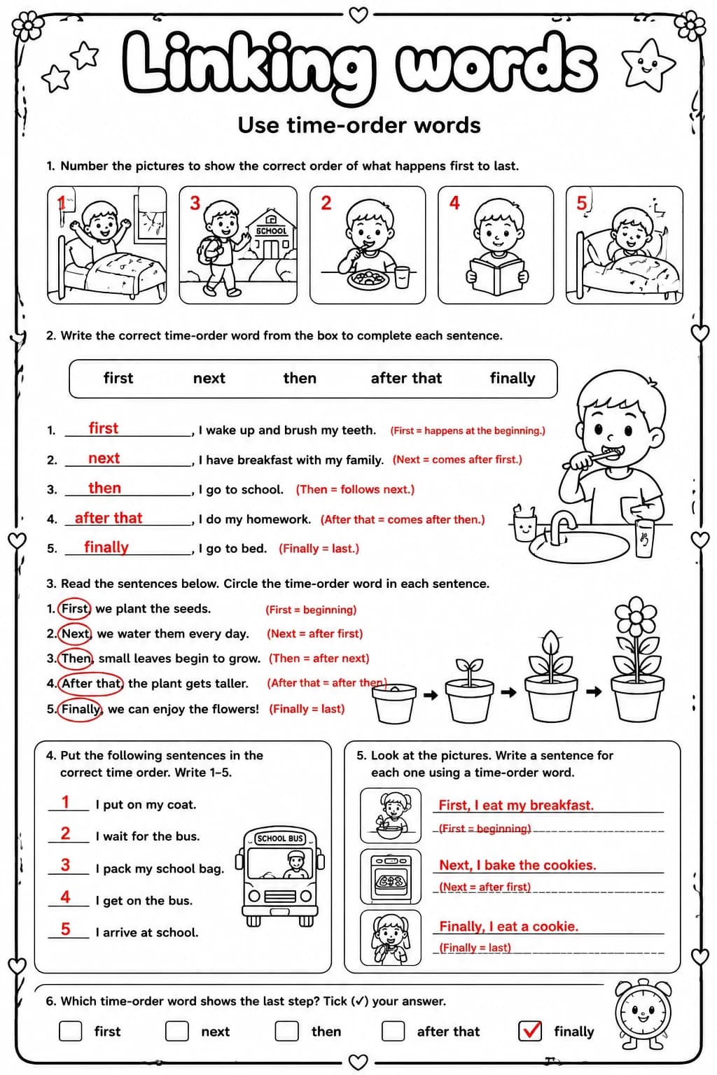 Answer key for Use time-order words — free printable English & Reading worksheet
