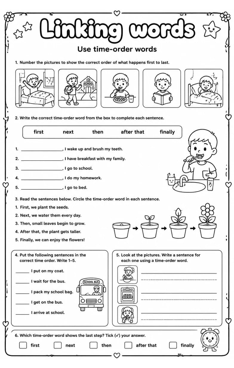Use time-order words — free printable Grade 3 English & Reading worksheet