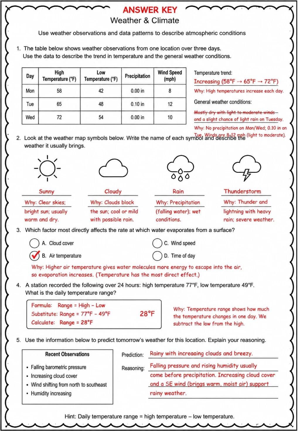 Answer key for Use weather observations and data patterns to describe atmospheric conditions — free printable Science worksheet