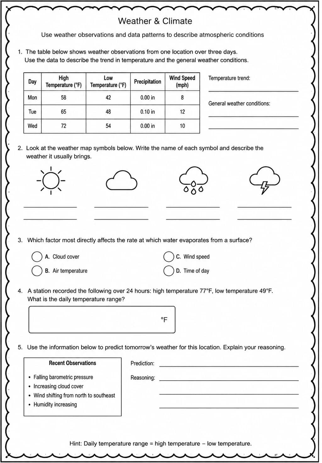 Use weather observations and data patterns to describe atmospheric conditions — free printable High School Science worksheet
