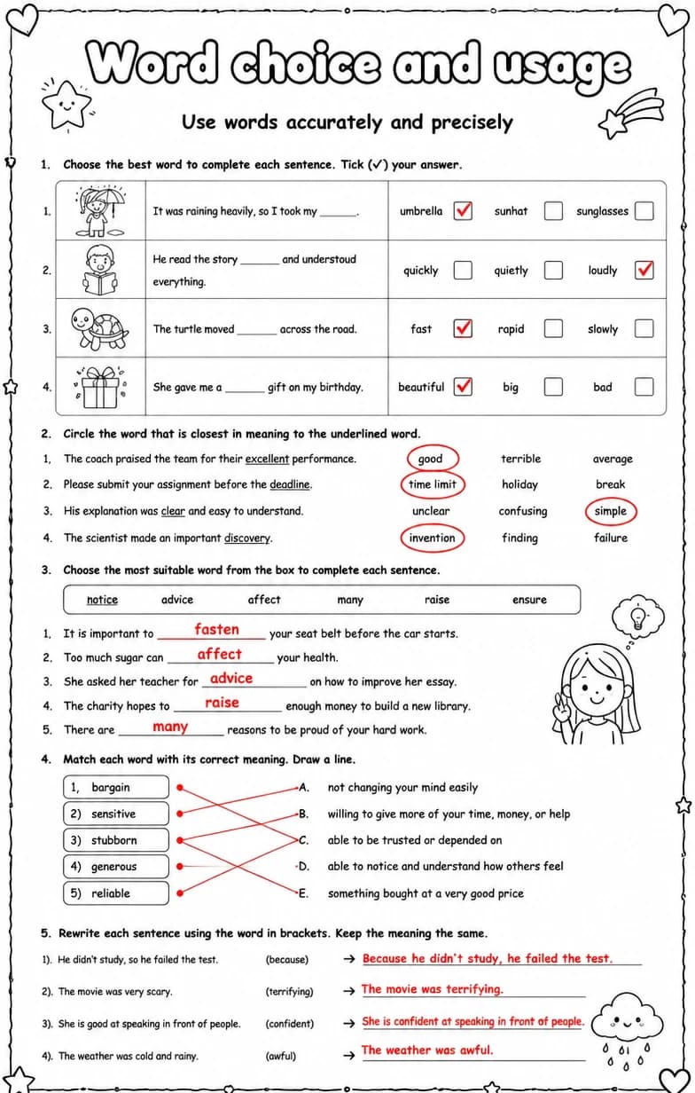 Answer key for Use words accurately and precisely — free printable English & Reading worksheet