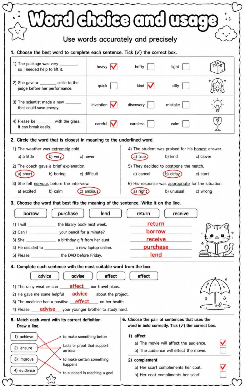 Answer key for Use words accurately and precisely — free printable English & Reading worksheet