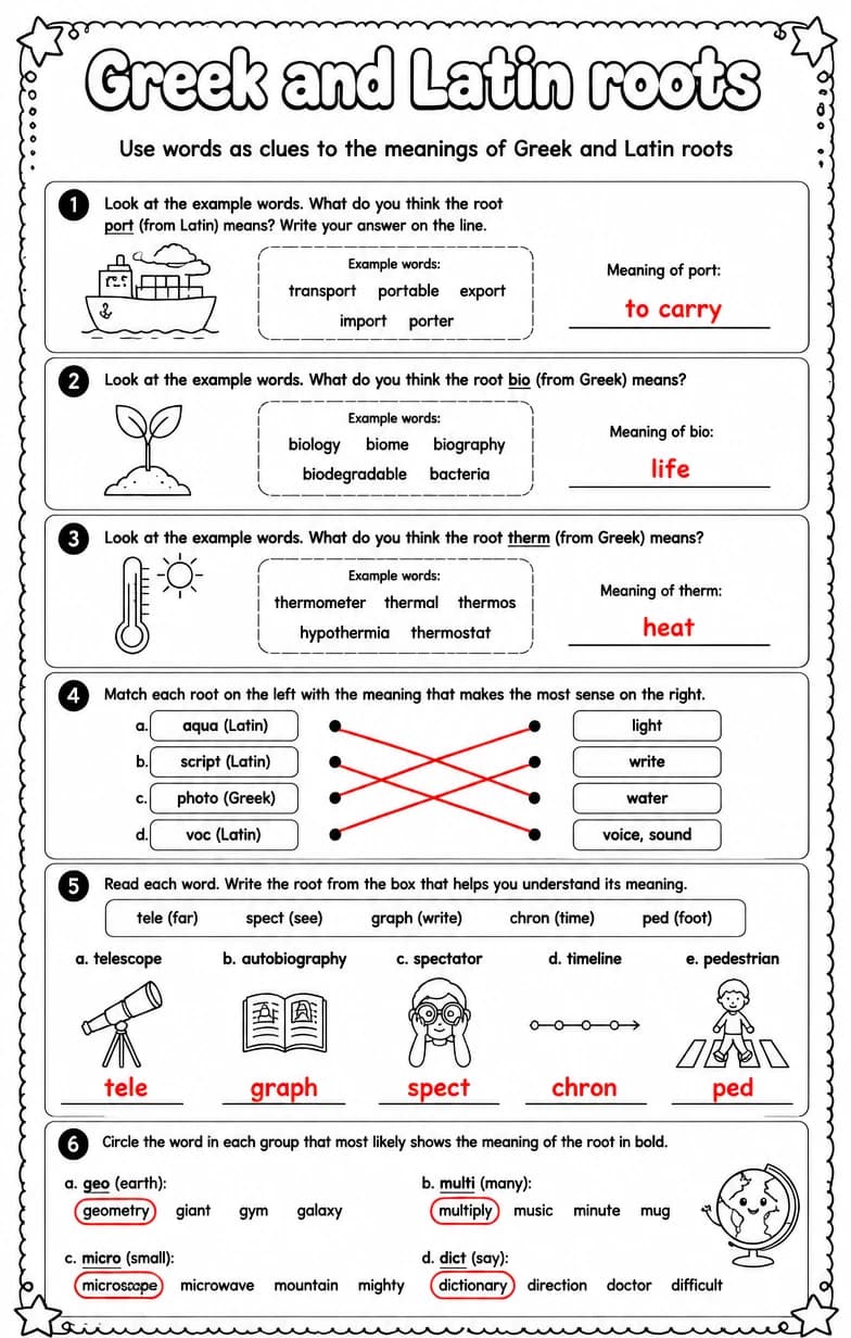 Answer key for Use words as clues to the meanings of Greek and Latin roots — free printable English & Reading worksheet