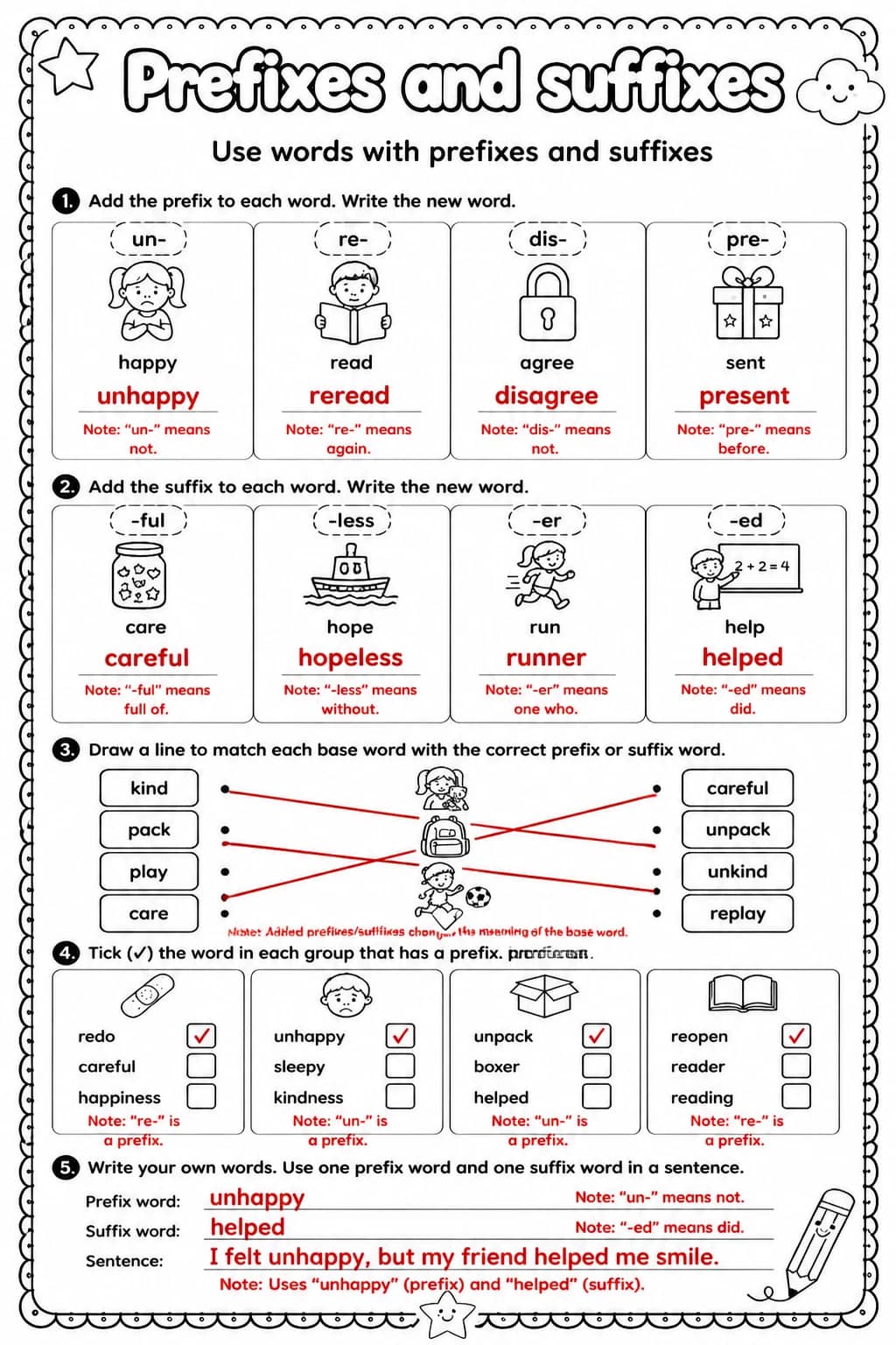 Answer key for Use words with prefixes and suffixes — free printable English & Reading worksheet