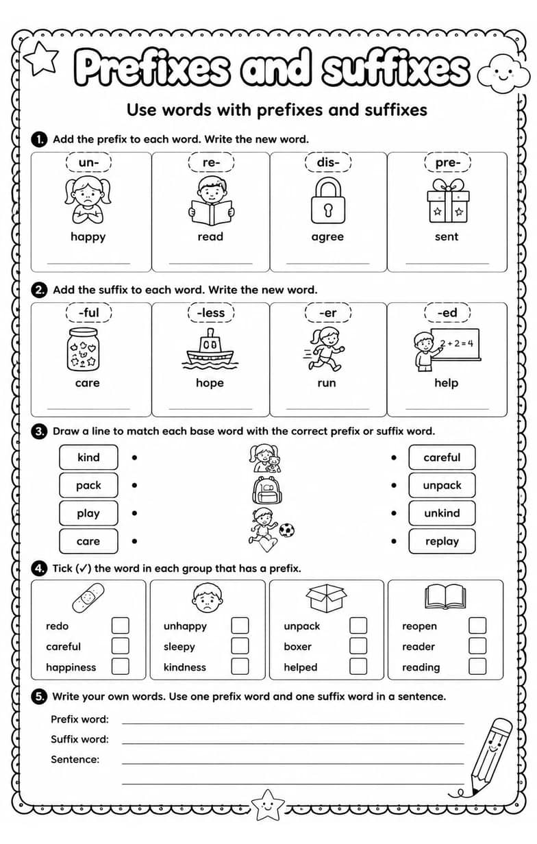 Use words with prefixes and suffixes — free printable Vocabulary English worksheet