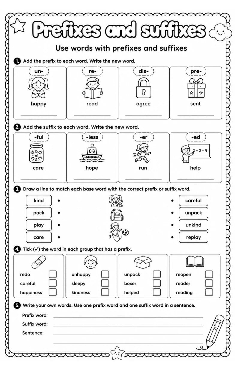 Use words with prefixes and suffixes — free printable Grade 1 English & Reading worksheet