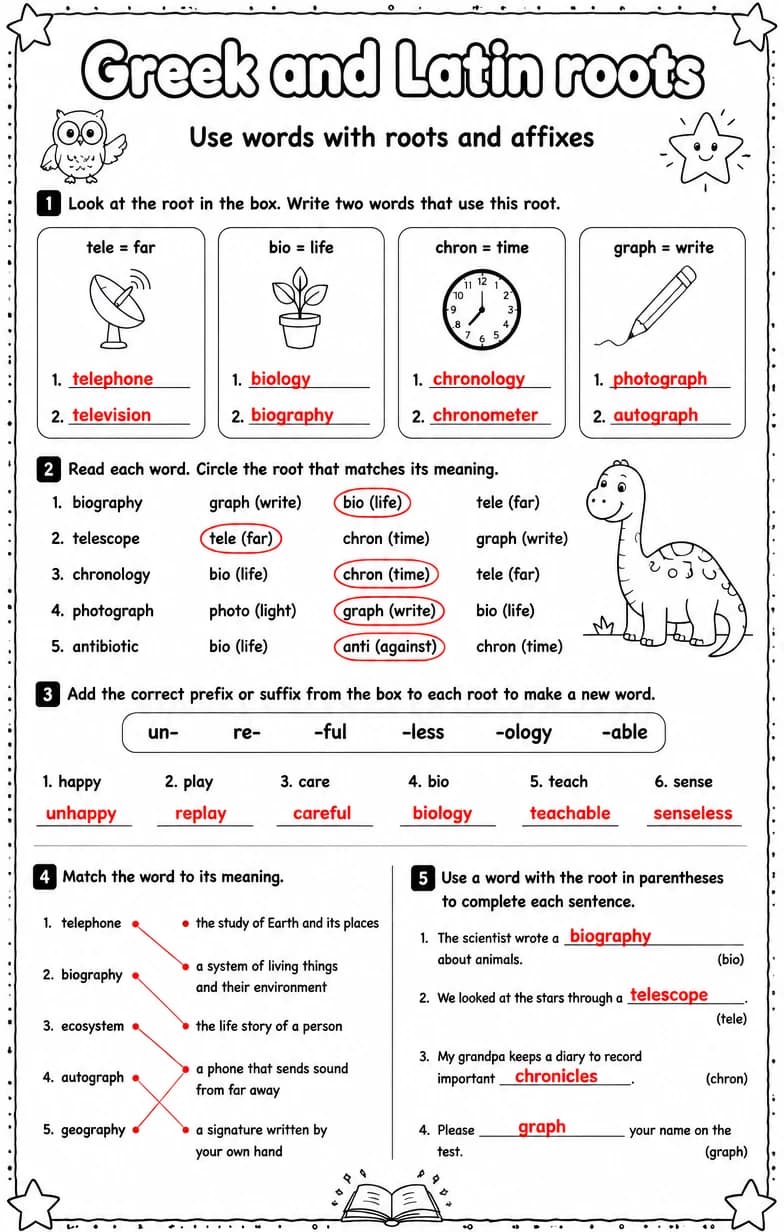 Answer key for Use words with roots and affixes — free printable English & Reading worksheet