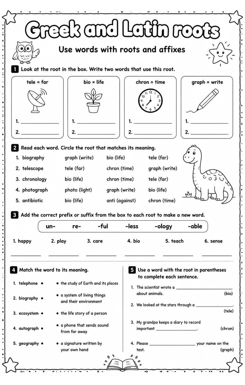 Use words with roots and affixes — free printable Grade 4 English & Reading worksheet