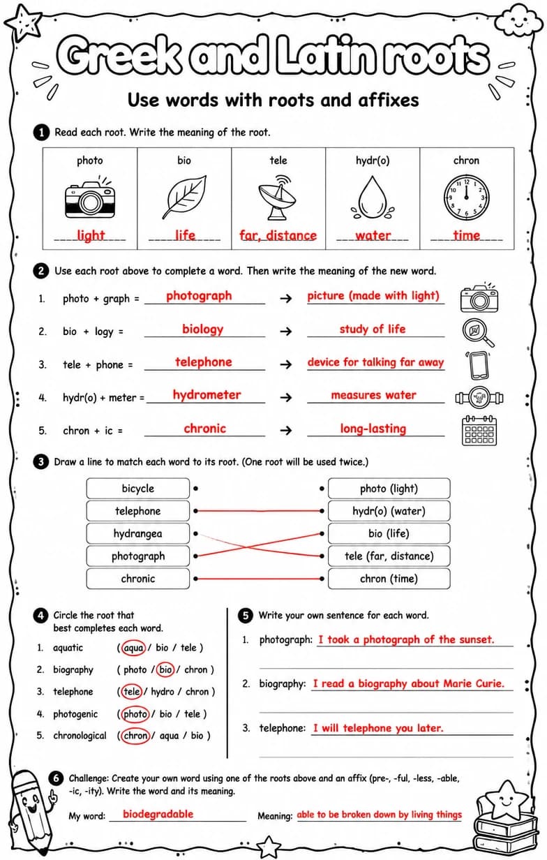 Answer key for Use words with roots and affixes — free printable English & Reading worksheet