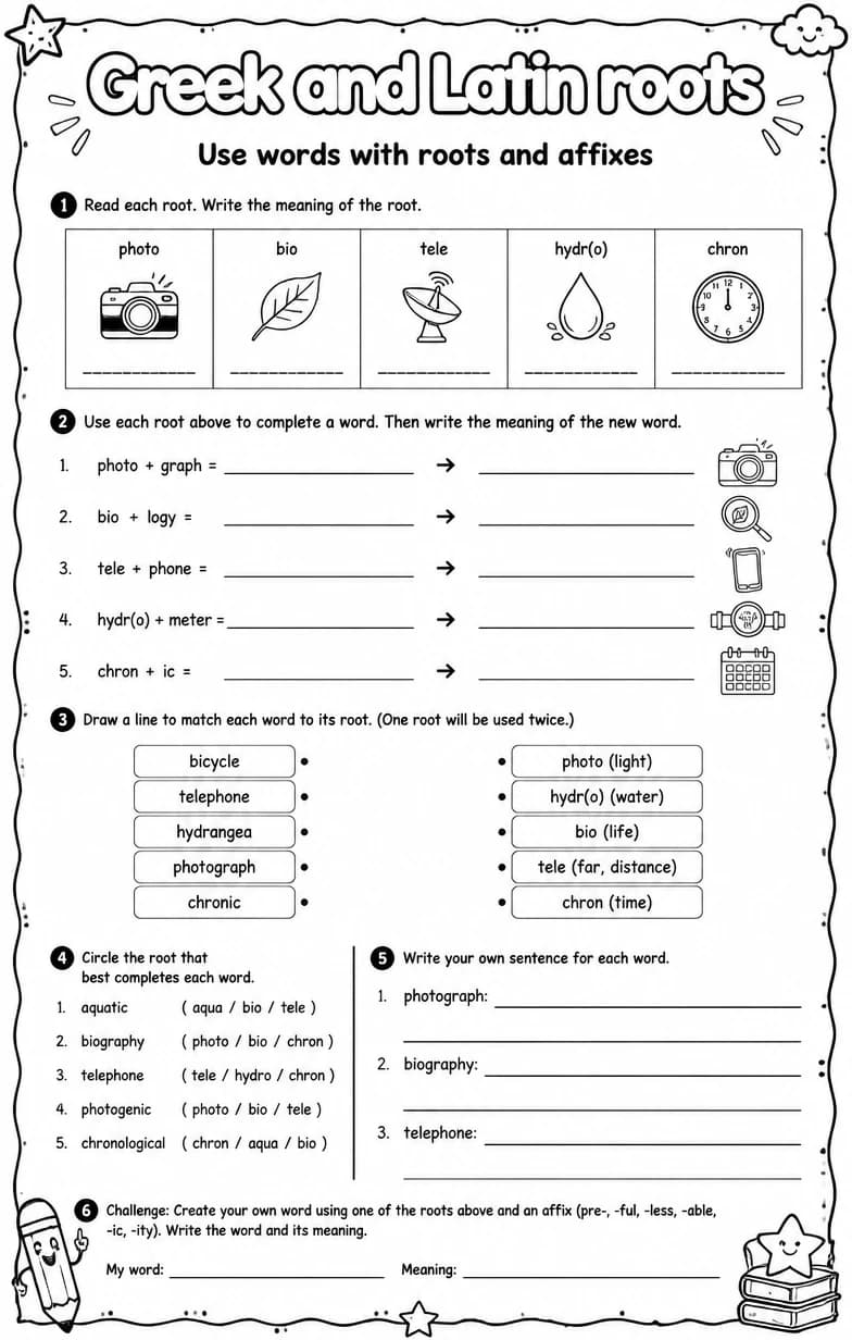 Use words with roots and affixes — free printable Grade 5 English & Reading worksheet