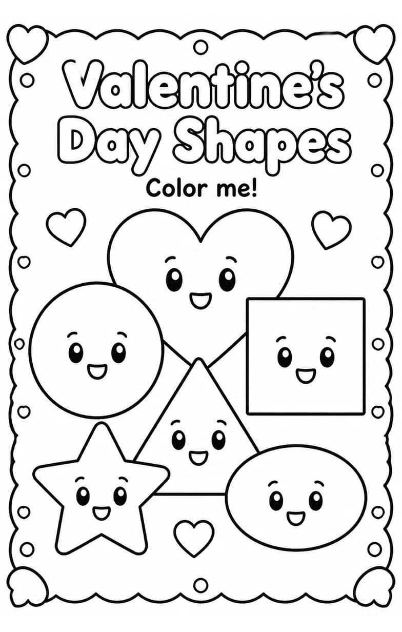 Valentine's Day Shapes Coloring Page — free printable Grade 1 Math worksheet