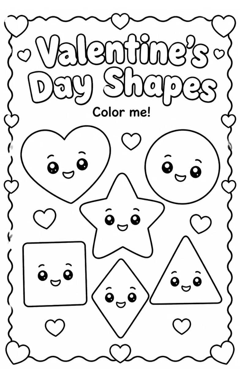 Valentine's Day Shapes Coloring Page — free printable Grade 2 Math worksheet