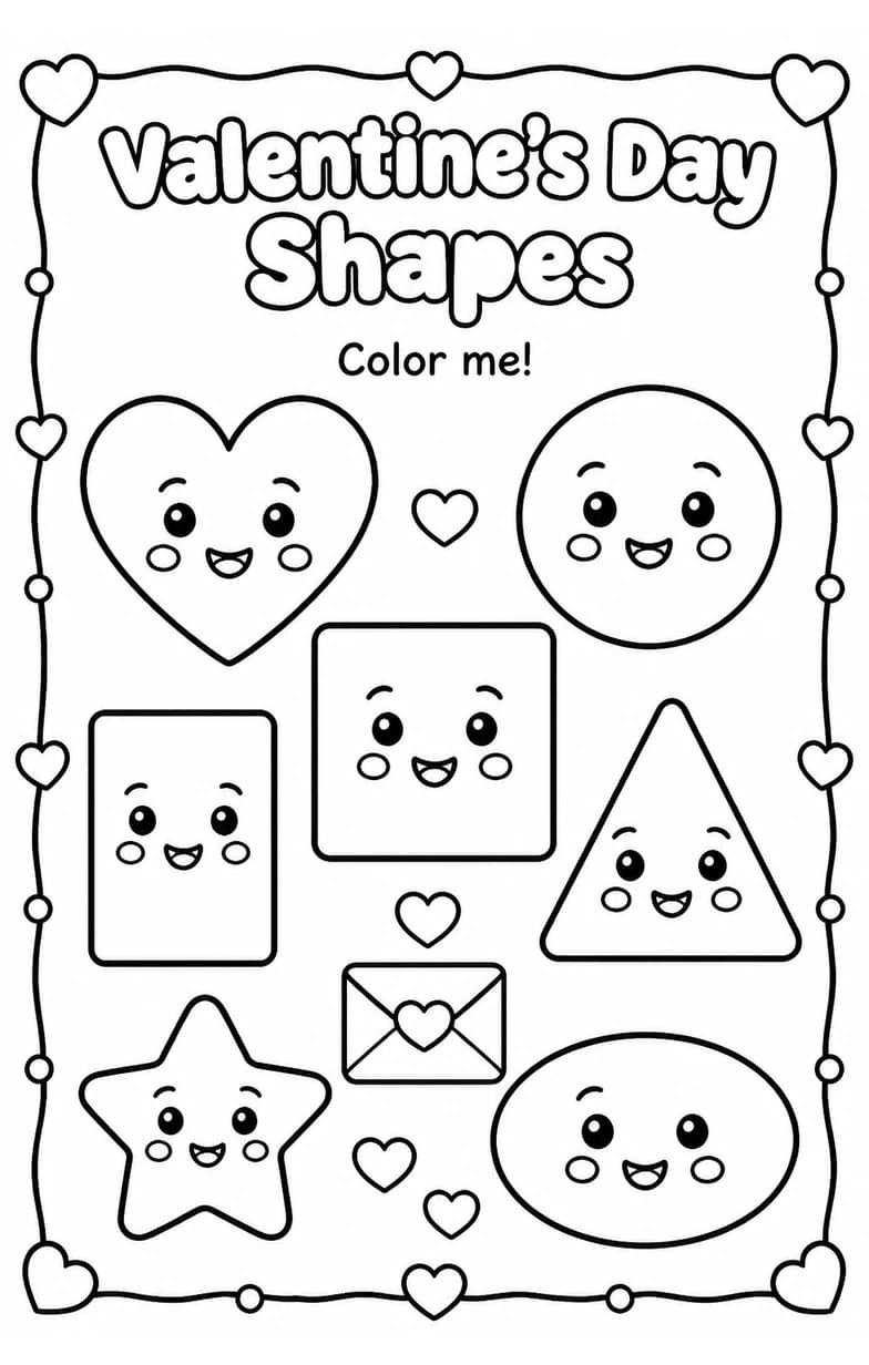 Valentine's Day Shapes Coloring Page — free printable Kindergarten Math worksheet