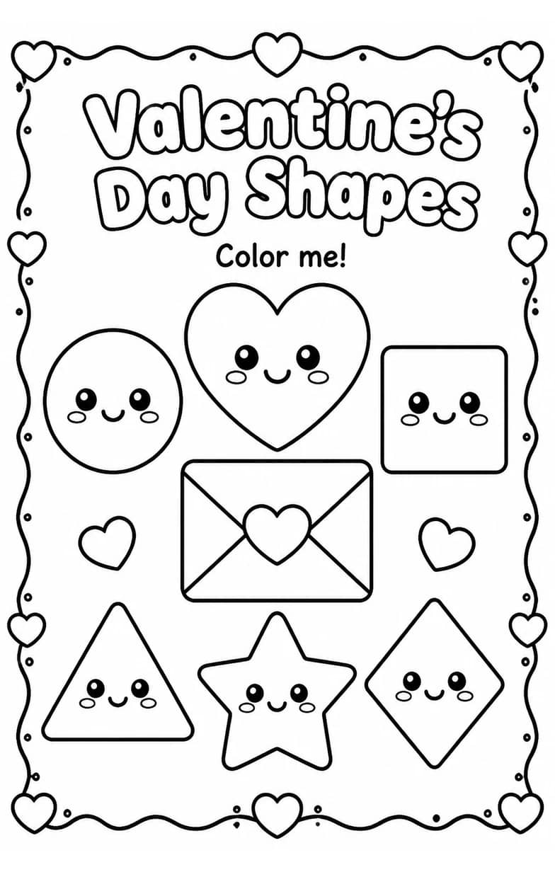 Valentine's Day Shapes Coloring Page — free printable Pre-K Math worksheet