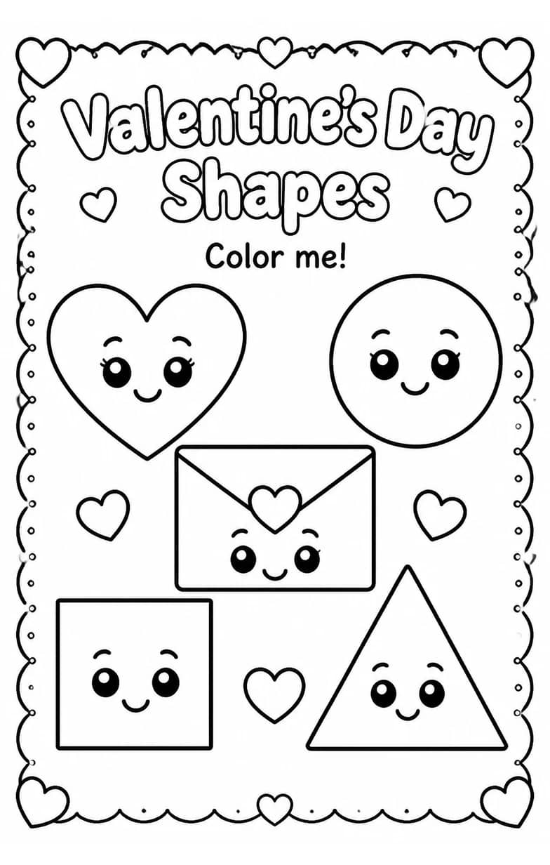 Valentine's Day Shapes Coloring Page — free printable Preschool Math worksheet