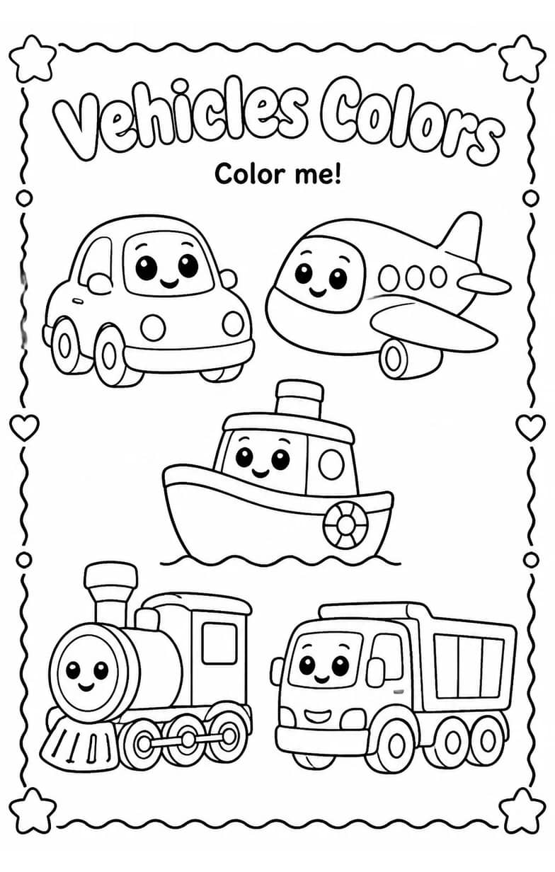 Vehicles Colors Coloring Page — free printable Kindergarten Art worksheet