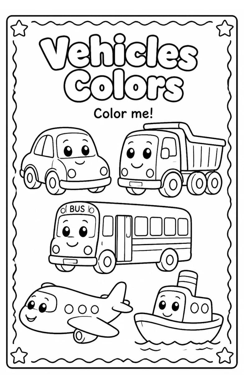 Vehicles Colors Coloring Page — free printable Pre-K Art worksheet