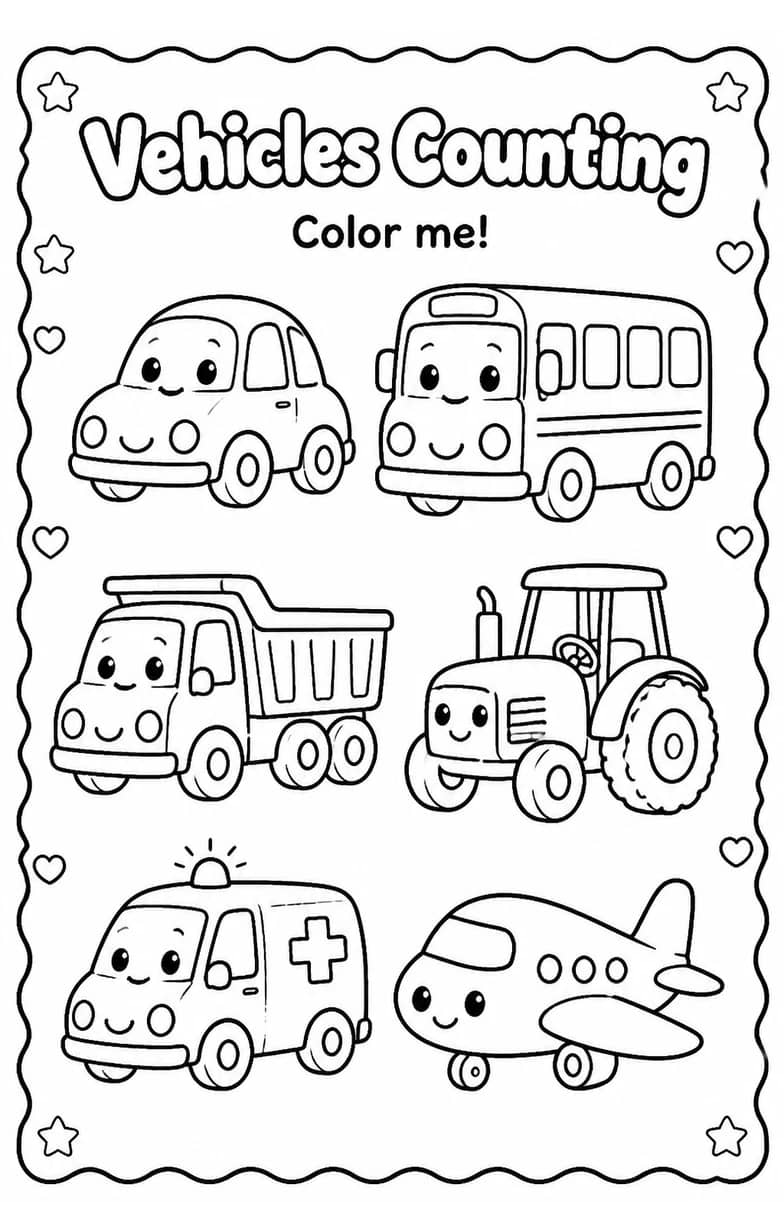 Vehicles Counting Coloring Page — free printable Kindergarten Math worksheet