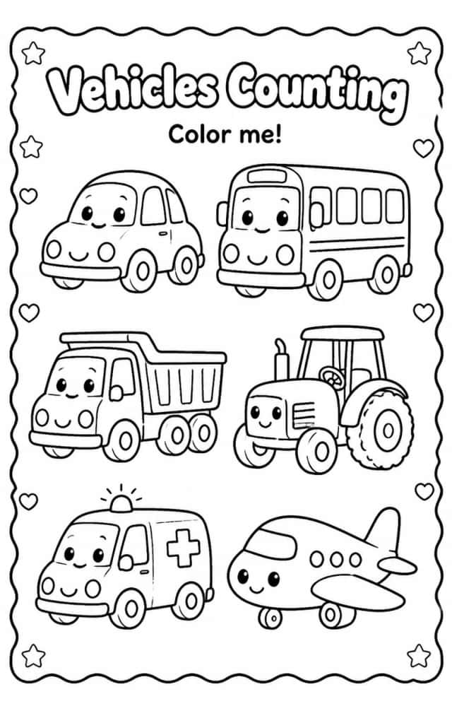 Vehicles Counting Coloring Page